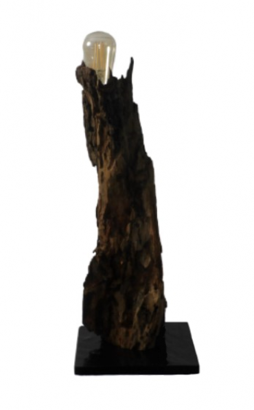 Sculpture lumineuse réalisée dans un morceau de bois flotté exotique, socle en ardoise.