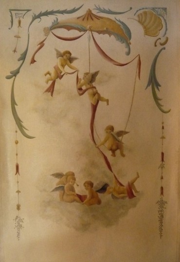 Décor à l'huile sur toile enduite à la colle de peau de lapin marouflée sur boiserie.