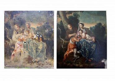 Tableau huile sur toile Sainte Famille, avant/après traitement